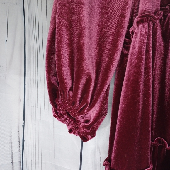 Betsey Johnson V-neck Mini Velvet Long Sleeve Dress in Burgundy - Picture 5 of 13